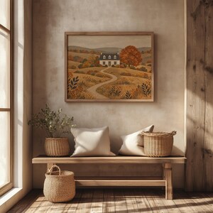 Rustic autumn farmhouse digital print for kitchen — winding footpath through golden fields to front door