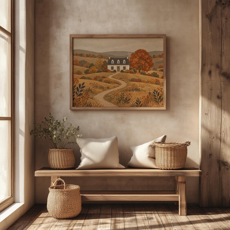 Rustic autumn farmhouse digital print for kitchen — winding footpath through golden fields to front door