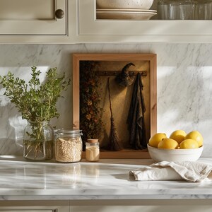 Witch hat and broomstick painting wall art for bedroom — moody spooky still life with vintage oil aesthetic