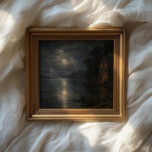 Vintage nighttime lake scene poster for study — rich textured brushwork with deep blues and warm gold tones