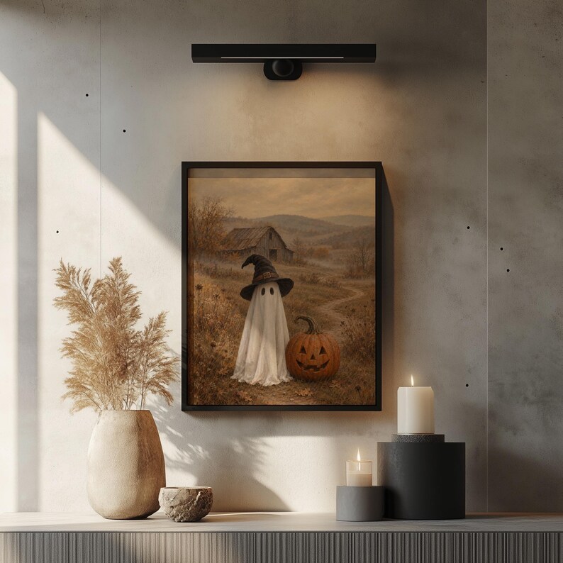 Earthy toned ghost pumpkin digital picture — vintage farmhouse aesthetic with misty hills and rustic details