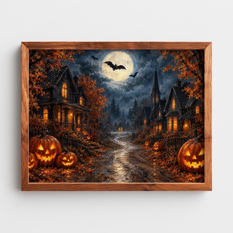 Gothic village picture instant download — warm window lights contrasting deep blue night with scattered autumn leaves