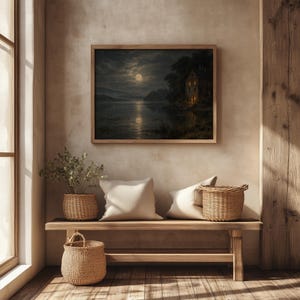 Stone manor house at night digital print for living room — shadowy shoreline with illuminated windows and misty trees