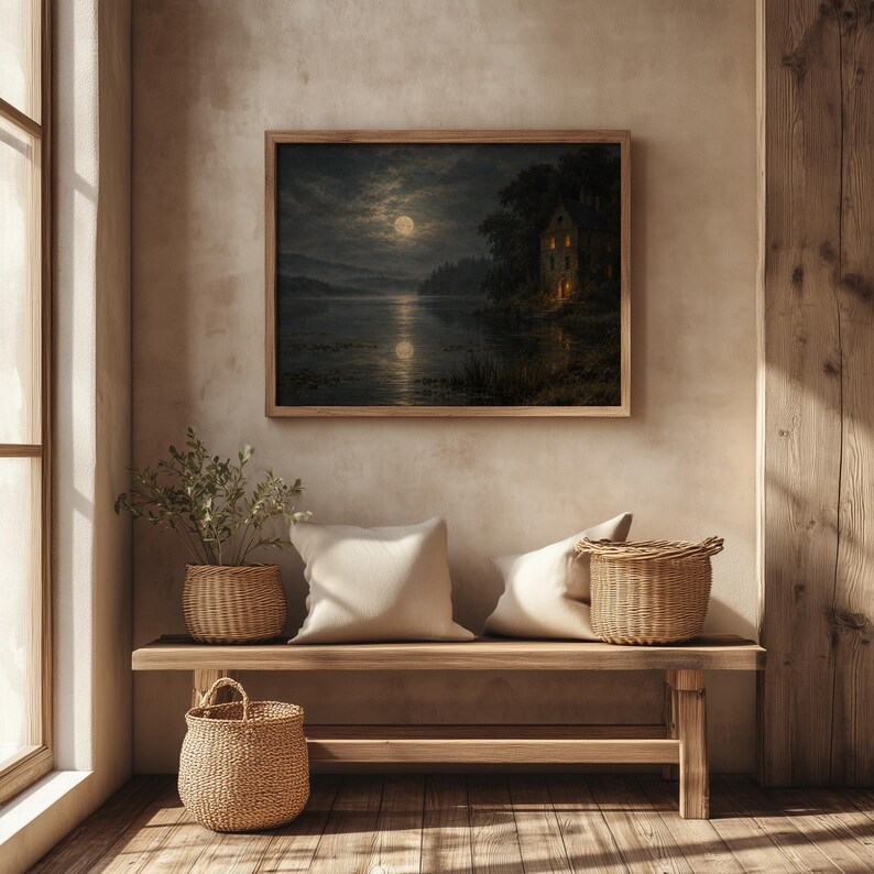 Stone manor house at night digital print for living room — shadowy shoreline with illuminated windows and misty trees