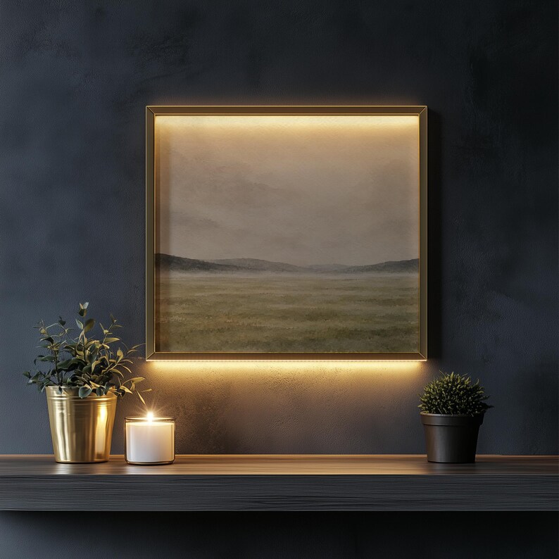 Minimalist nature digital print featuring open grassland and distant silhouette mountains