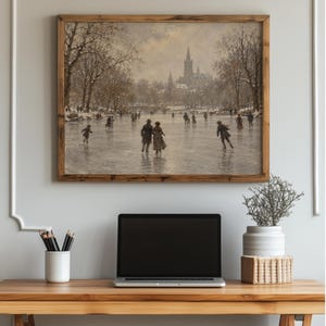 Snowy landscape picture printable art for bedroom — cozy 19th-century inspired frozen pond with figures