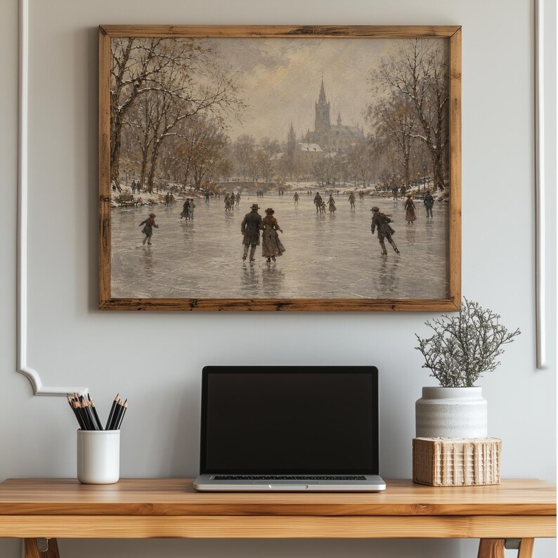 Snowy landscape picture printable art for bedroom — cozy 19th-century inspired frozen pond with figures