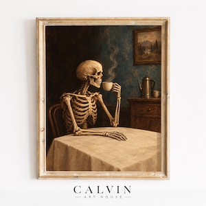 Skeleton and coffee setup printable artwork for office — vintage dark theme with period furnishings