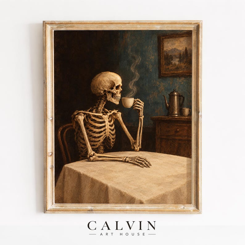 Skeleton and coffee setup printable artwork for office — vintage dark theme with period furnishings