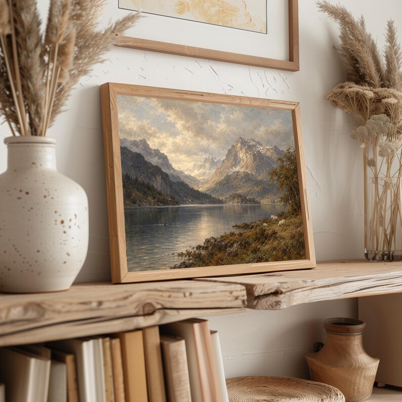 Serene mountain peaks wall art featuring reflective waters and grazing sheep — rustic countryside painting