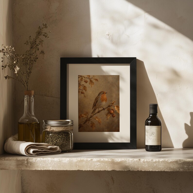 Robin illustration poster for den — vintage nature print with golden-brown leaves