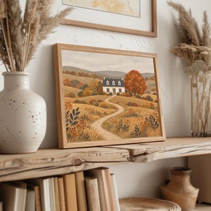 Cozy homestead digital print for living room — autumn cottage with gentle hillside and tall grasses