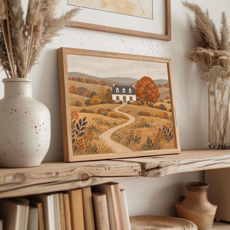 Cozy homestead digital print for living room — autumn cottage with gentle hillside and tall grasses
