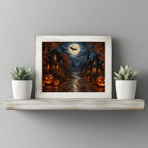 Vintage Halloween artwork for office — cozy yet spooky village lanterns and glowing carved pumpkins with autumn aesthetic