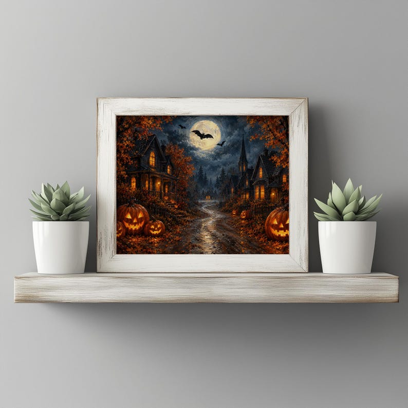 Vintage Halloween artwork for office — cozy yet spooky village lanterns and glowing carved pumpkins with autumn aesthetic