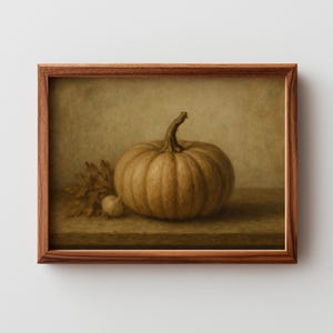 Farmhouse pumpkin artwork wall print for country kitchen — moody still life with textured canvas and soft golden light