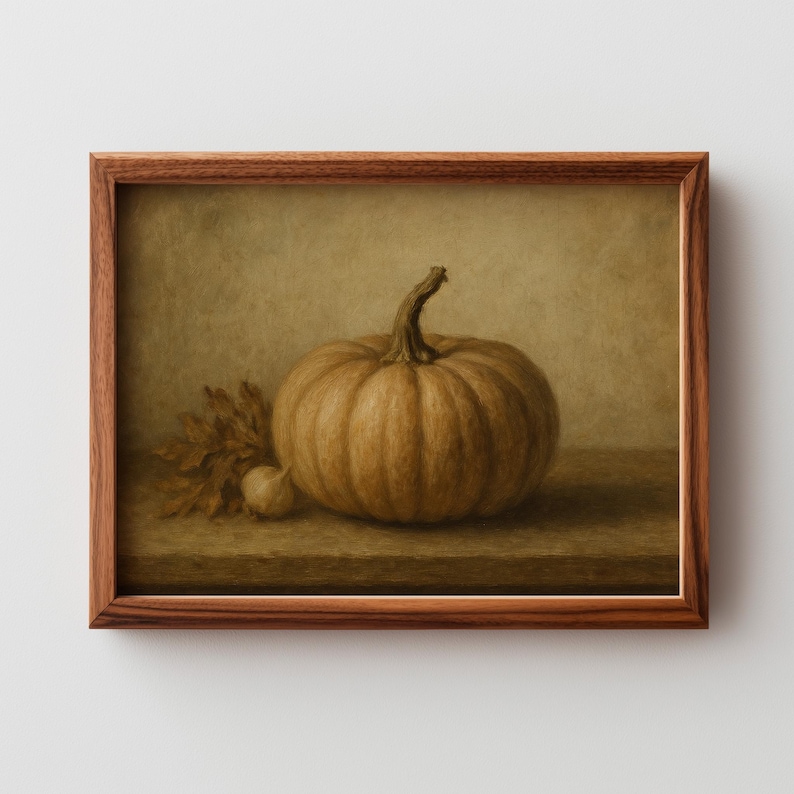 Farmhouse pumpkin artwork wall print for country kitchen — moody still life with textured canvas and soft golden light