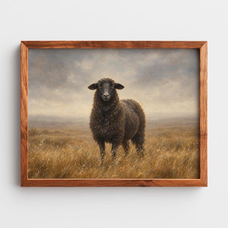 Sheep in meadow picture for kitchen — French country aesthetic with muted palette and rolling hills