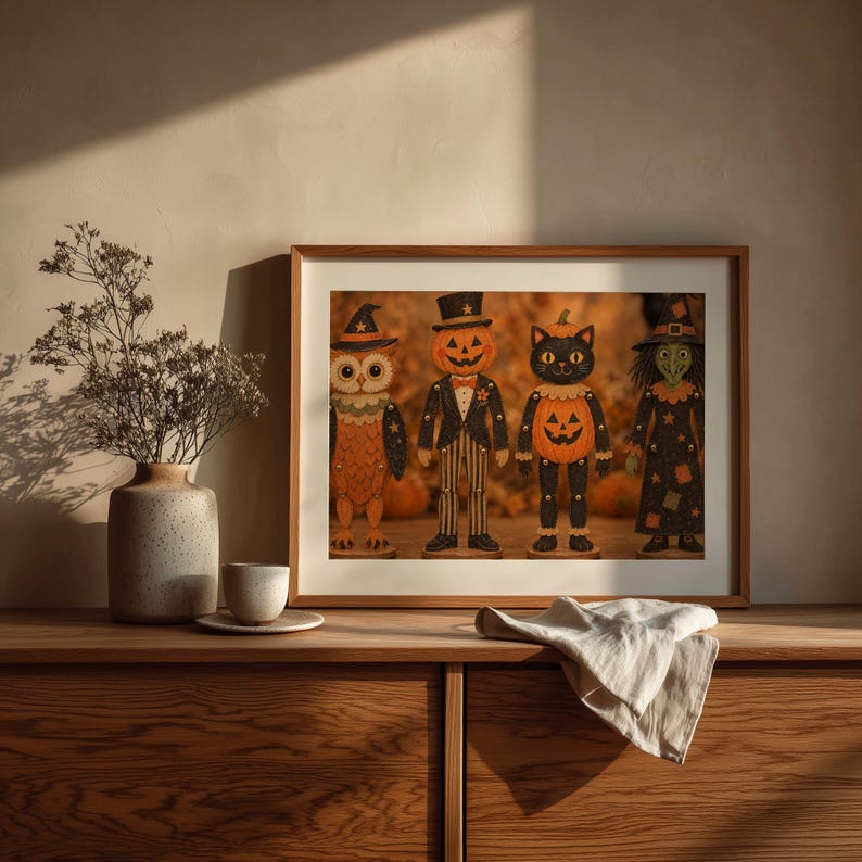 Seasonal Halloween poster featuring articulated toy figures — rustic folk-art aesthetic with muted warm color palette