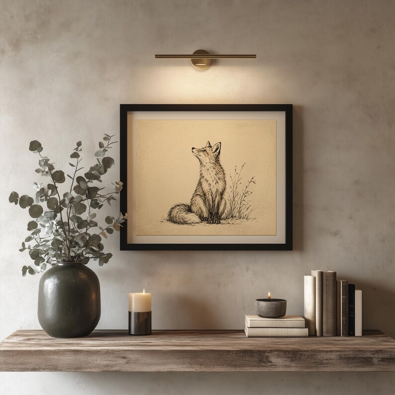 Woodland fox illustration picture printable for den — intricate line work capturing cozy countryside character