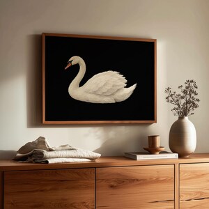 Minimalist bird poster printable — graceful swan silhouette with cream and black color scheme gallery aesthetic