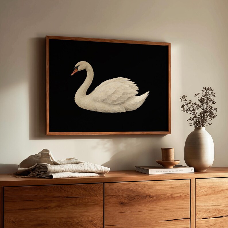 Minimalist bird poster printable — graceful swan silhouette with cream and black color scheme gallery aesthetic