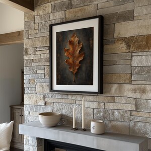 Vintage botanical leaf poster for home office — moody copper tones and sculptural texture