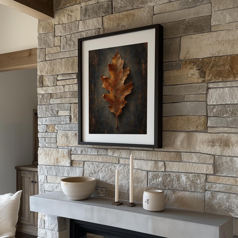 Vintage botanical leaf poster for home office — moody copper tones and sculptural texture