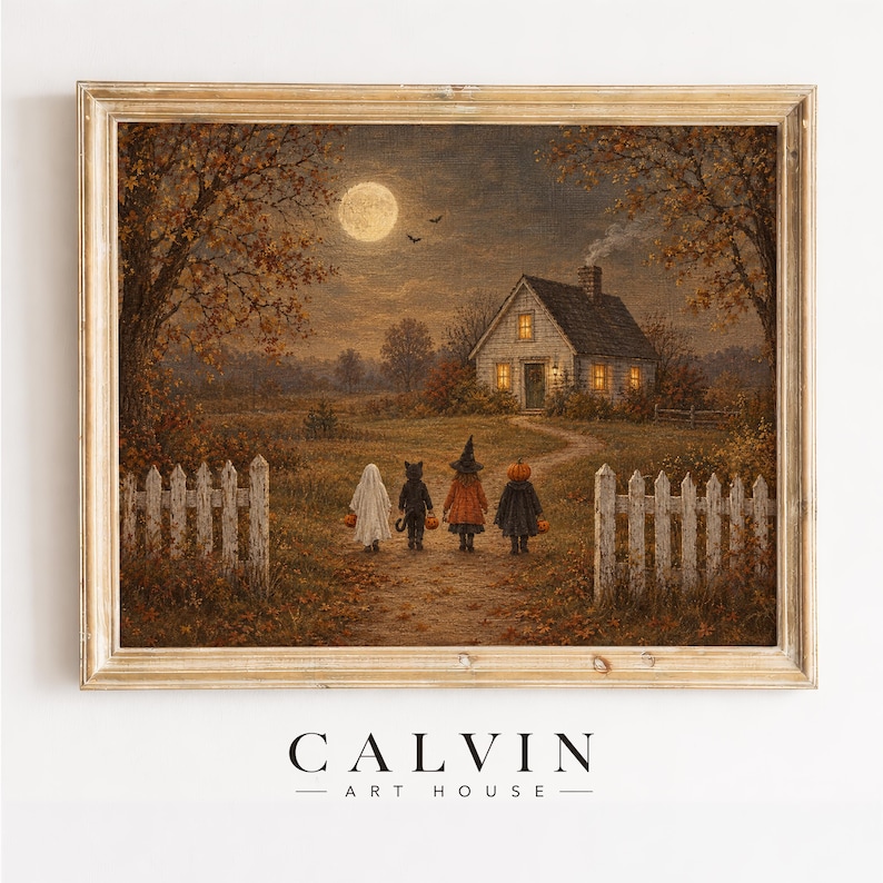 Festive masked children approaching homestead poster artwork — folk art inspired with soft autumn colors and nostalgic warmth