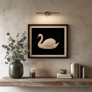 Swan digital print wall art — vintage oil painting style with soft plumage and moody aesthetic