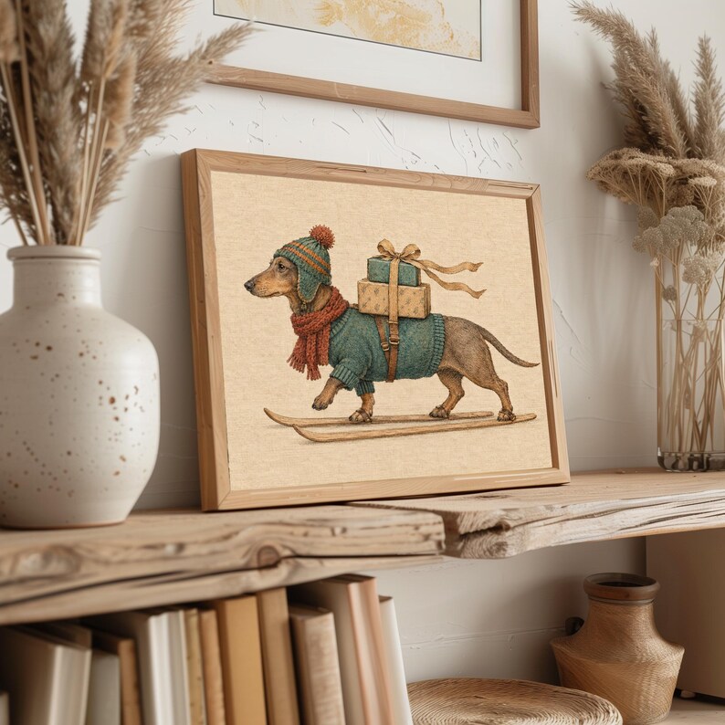 Skiing dachshund with Christmas gifts printable art for living room — cozy vintage holiday illustration