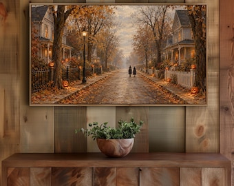 Vintage Autumn Street Frame TV Art, Halloween Cottagecore Town (Digital Download)
