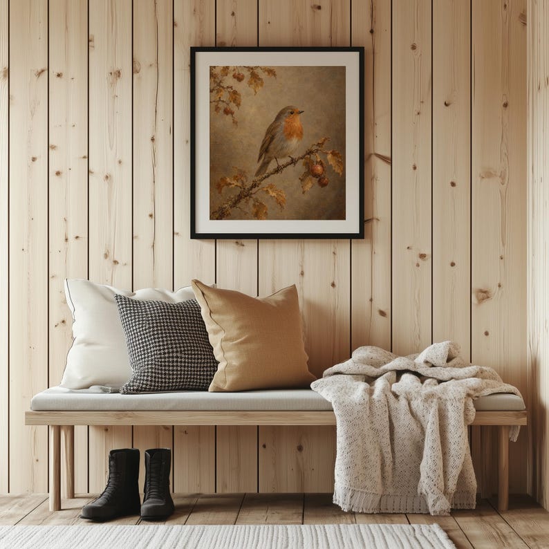 Forest bird on oak branch wall art — moody cottagecore printable with soft aged patina