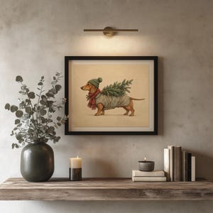 Long dog in festive attire poster for family room — whimsical Christmas tree carrier artwork