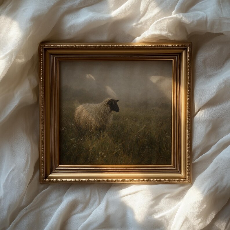 Grazing sheep poster for cabin decor — atmospheric pastoral scene with wildflowers and foggy treeline