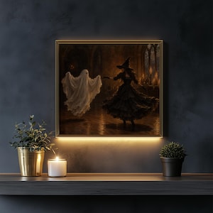Ethereal dancer and black-gowned enchantress gallery wall print — Halloween vintage poster with gothic ballroom setting, deep shadows, and museum-quality artistic finish