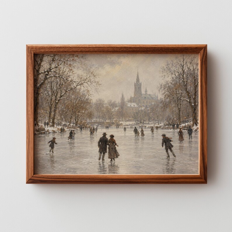 Ice skating pond printable art for living room — vintage winter scene with cathedral and snow-covered trees