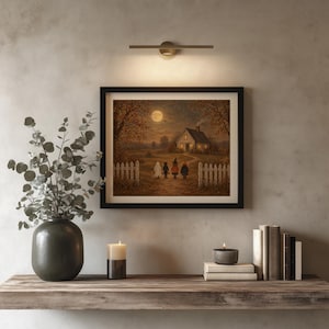Moonlit farmhouse painting with festive costumed group digital art — textured rustic style with flying bats overhead
