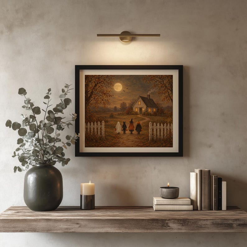 Moonlit farmhouse painting with festive costumed group digital art — textured rustic style with flying bats overhead