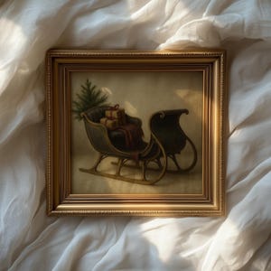 Vintage winter scene printable for entryway showcasing horse-drawn carriage loaded with holiday packages and foliage