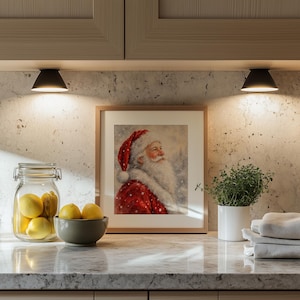 Gallery wall art featuring traditional red-coated holiday figure and hazy winter atmosphere