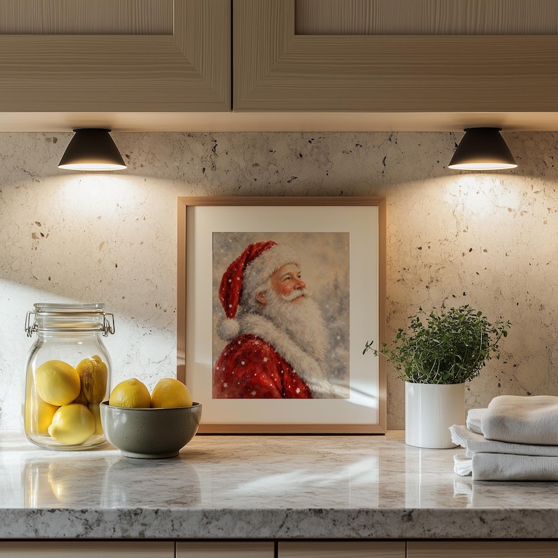 Gallery wall art featuring traditional red-coated holiday figure and hazy winter atmosphere