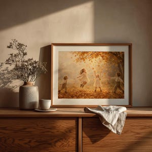 Children gathering fallen foliage art print for living room — cottagecore seasonal scene with classic farmhouse styling