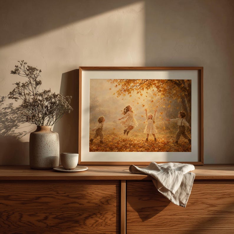 Children gathering fallen foliage art print for living room — cottagecore seasonal scene with classic farmhouse styling