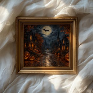 Spooky jack-o'-lantern poster wall art for bedroom — haunted street under starlit sky with warm lantern glow and flying bats