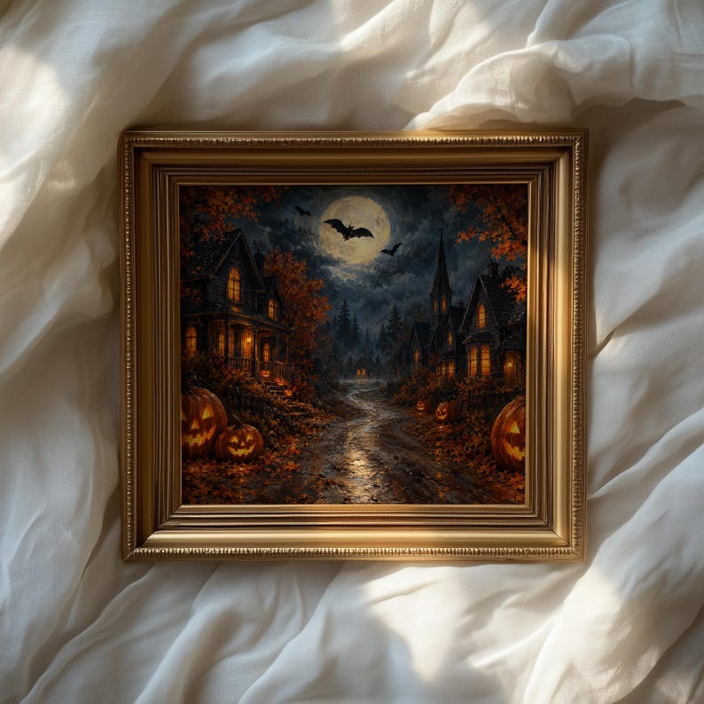 Spooky jack-o'-lantern poster wall art for bedroom — haunted street under starlit sky with warm lantern glow and flying bats