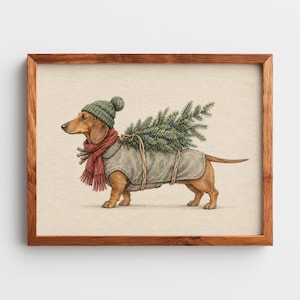 Dog in knit sweater with evergreen load digital download art — rustic holiday charm painting