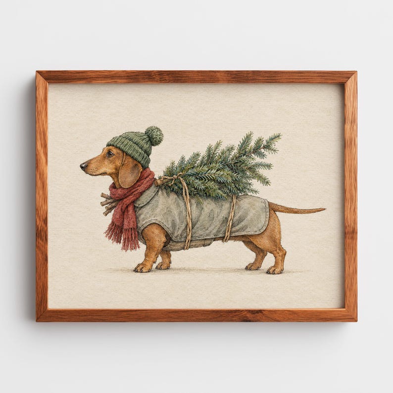 Dog in knit sweater with evergreen load digital download art — rustic holiday charm painting
