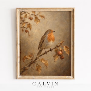 Nature study poster for cottage — perched songbird surrounded by harvest foliage in muted hues