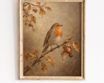 Vintage-Rotkehlchen-Kunstdruck, Wandbild „Herbstliche Beeren“ im Cottagecore-Stil (Digitaler Download)